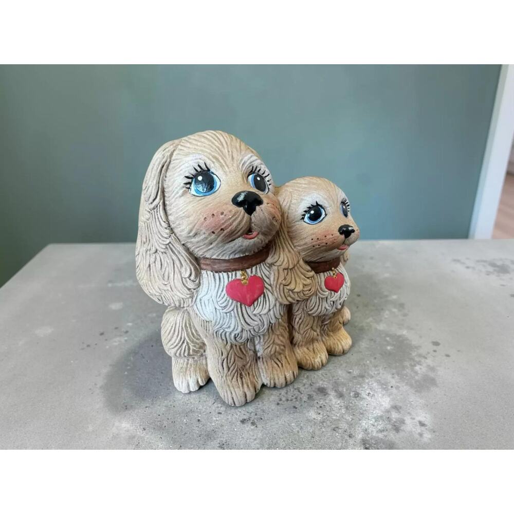 Vintage Big Eye Puppy Dog Duo Figurine | Cocker Spaniels Heart Collars Kitsch